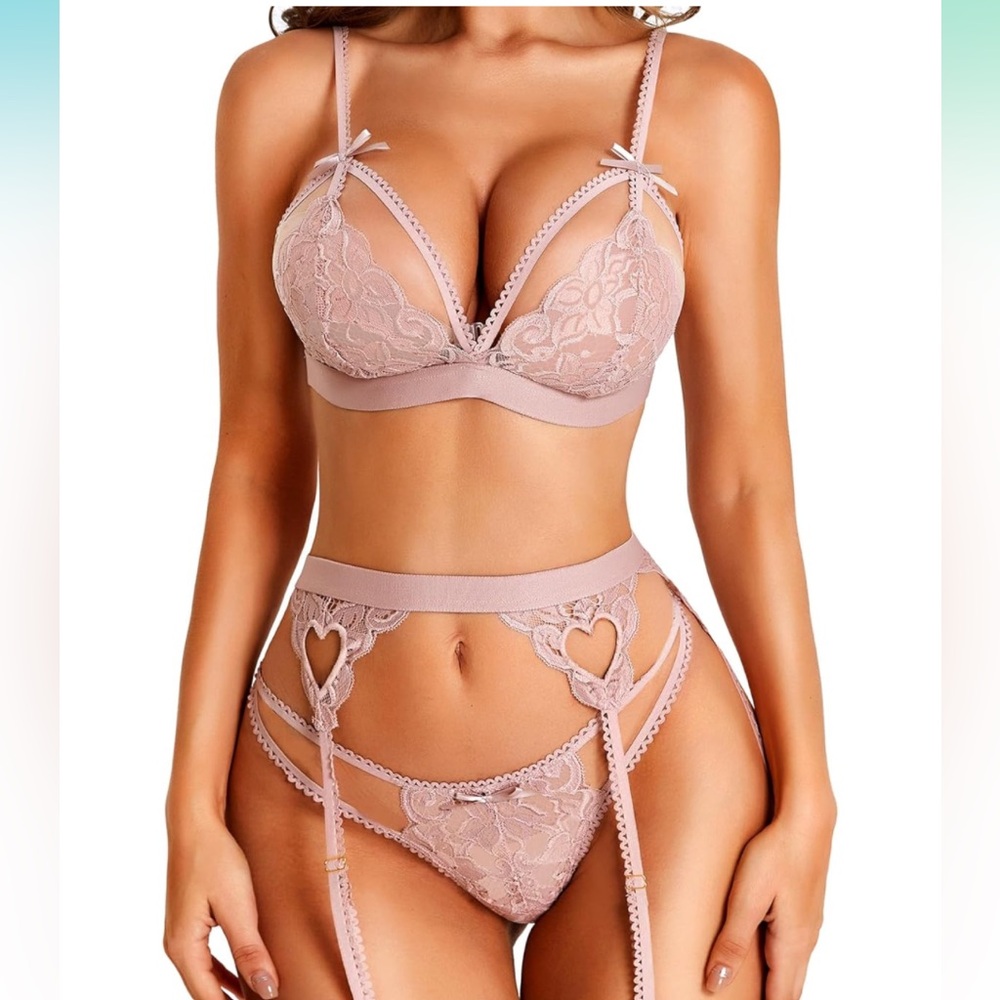 NEW RSLOVE Lingerie Set with Garter Belt 3 Piece Lace Teddy Babydoll Sz M